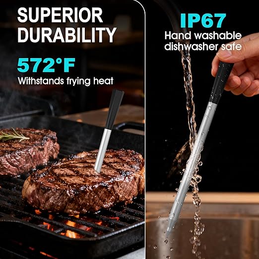 Wireless Meat Thermometer Bluetooth Digital, Smart Meat Thermometer with Booster Base, IP67 Waterproof Probe, ±1.8°F Accuracy, 100m Range, Rechargeable BBQ Cooking Thermometer for Grill, Smoker Black