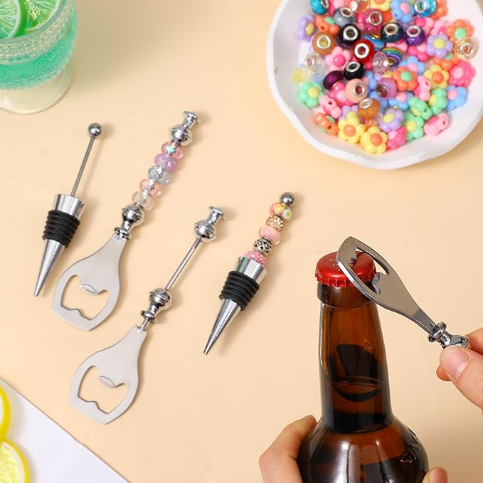 20 Pcs Beadable Wine Stoppers and Beer Openers Bulk, Reusable Alloy Decorative Bottle Stopper, DIY Craft Beer Opener Set for Spring, Summer, Fall, Halloween, Christmas, Party Favor Gifts