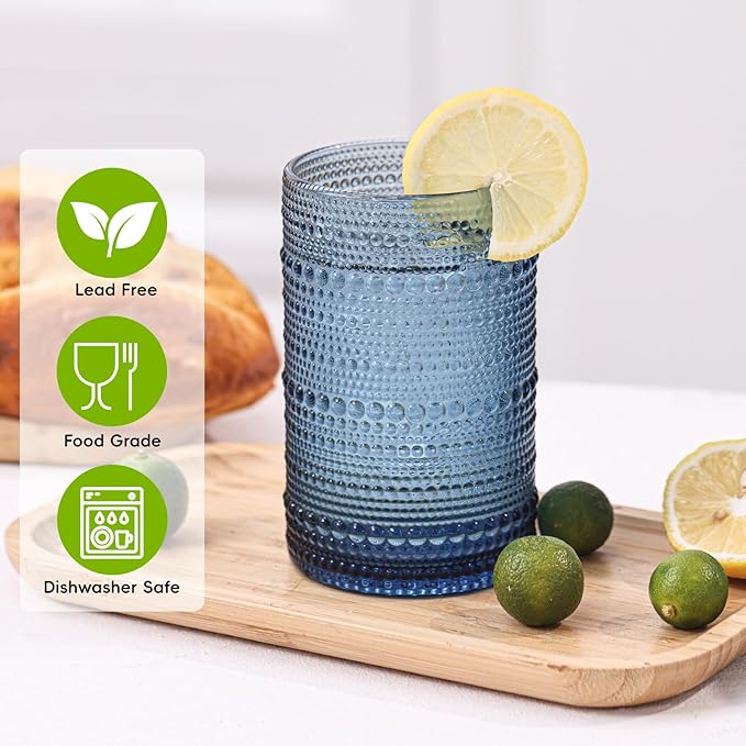 Moretoes Vintage Hobnail Drinking Glasses Set of 6, 15oz Highball Glass Cups, Kitchen Drinkware Glassware,Embossed Water Tumbler,for Beer,Cocktail,Whiskey,Juice and Various Mixed Drinks(Blue)