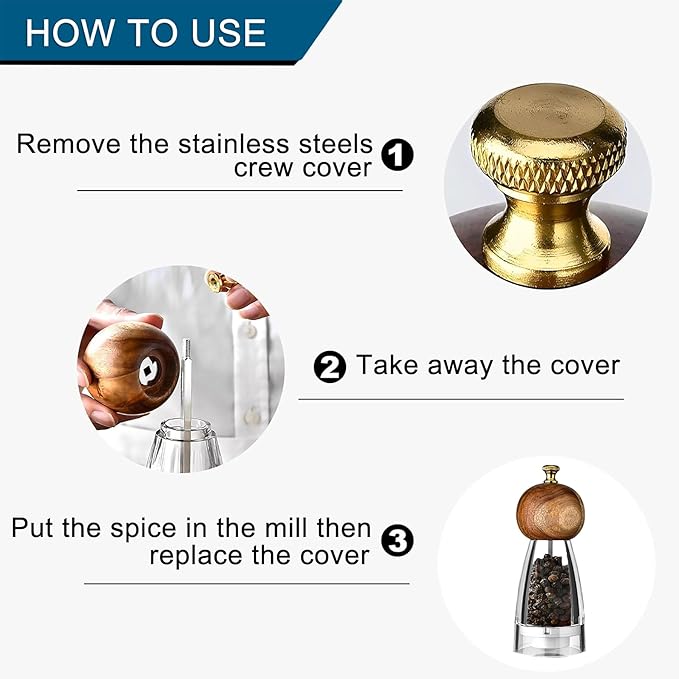 Pepper Grinder Set Salt and Pepper Grinder Acrylic Manual Pepper Mill Set with Adjustable Coarseness Salt and Pepper Shakers, Enjoy Fresh Ground Pepper Spices Salt Grinder (6.7in-wood-acrylic)