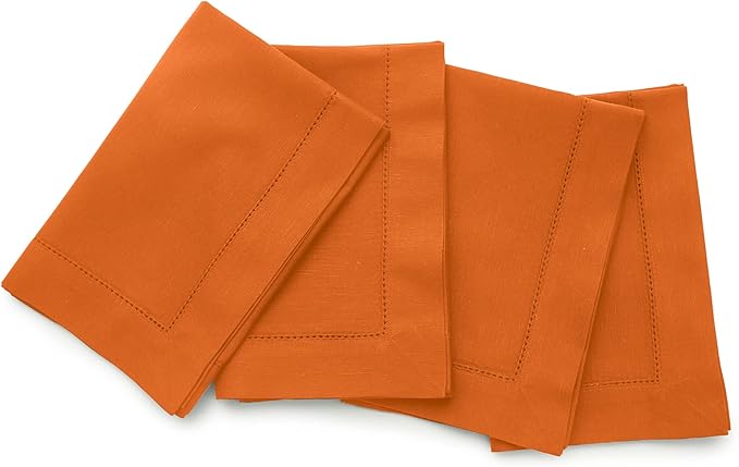 Solino Home Cloth Napkins Set of 4 - Cotton Linen Hemstitch Pumpkin Dinner Napkins 20 x 20 Inch for Holiday - Handcrafted and Machine Washable