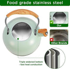 Tea Kettle Stovetop, 2.6 Quart cute teapot,loud whistle kettle, Food Grade Stainless Steel with Fold wood grain handle, Mint Green,With Anti Scald Towel