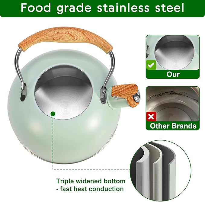 Tea Kettle Stovetop, 2.6 Quart cute teapot,loud whistle kettle, Food Grade Stainless Steel with Fold wood grain handle, Mint Green,With Anti Scald Towel