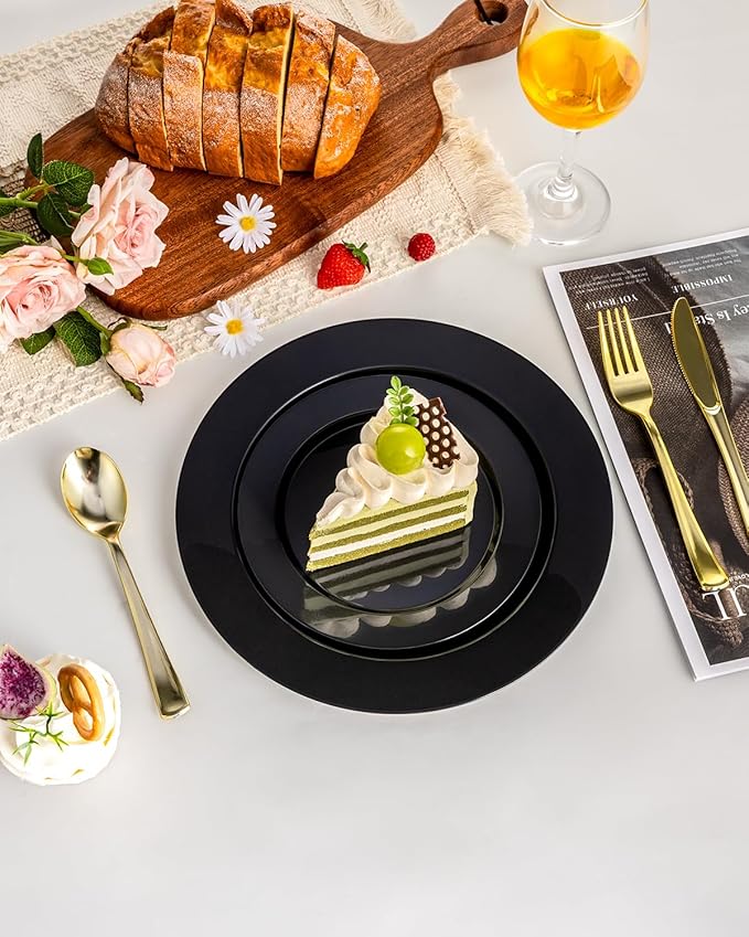 BESTVIP 100PCS Black Plastic Plates, Disposable Party Plates with 50 Dinner Plates and 50 Dessert Plates, Plastic Plates for Party, Wedding Birthday and Halloween (Black, 100PCS)