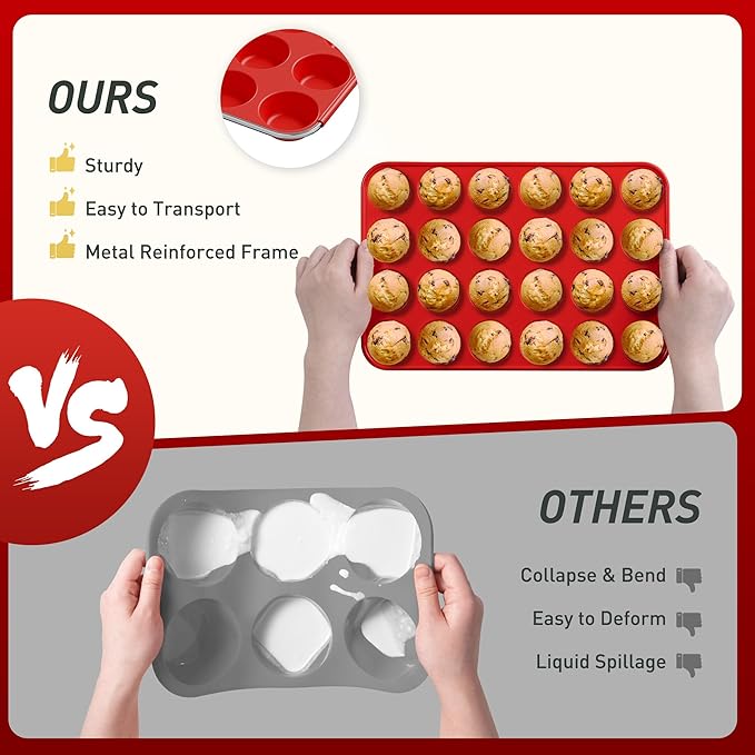 Socisen 2 Pack 24 Cups Silicone Mini Muffin Pan with Metal Reinforced Frame Silicone Molds Cupcake Cake Baking Cheesecake Pans Cookie Baking Chocoflan Cupcake Mold Mini Bundt Cake Pan Women Gift