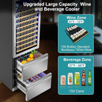 24 Inch Wine and Beverage Refrigerator, 2 IN 1 Dual Zone Drawer Beverage Fridge Wine Cooler, Built-in or Freestanding Beverage Cooler with Powerful Compressor, Holds 108 Bottles and 150 Cans