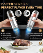 Gravity Electric Salt and Pepper Grinder Set with Rechargeable Base, 2-Speed Grinding Control Stainless Steel Pepper Mill Set with Adjustable Coarseness, LED Light & 176ml Large Capacity