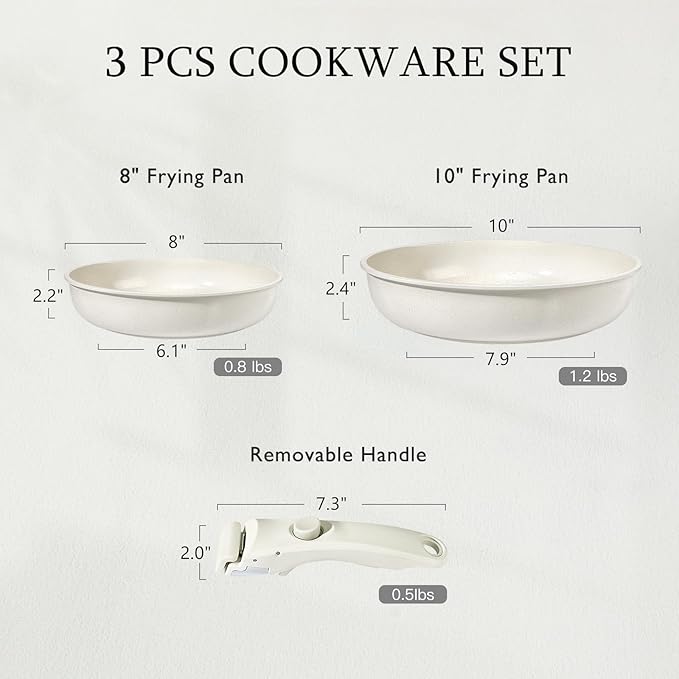 GiPP Non Stick Frying Pans Set Removable Handle, Oven Safe Nonstick Fry Pan Skillets with Detachable Handle, Granite Coating Healthy Cooking Compatible with All Stovetops, PFOA Free, RV Cookware set