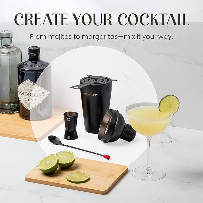 Modern Mixology Cocktail Shaker Set - 8 Piece Bartender Kit on Quality Pine Stand | Complete Cocktail Kit Gift Set | Top Bartender Gifts for Men | Leak Proof Design (Black)