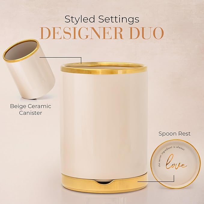 STYLED SETTINGS Beige Utensil holder - Large Ceramic Utensil Crock for Kitchen Counter – Stylish Cooking Utensil Storage & Gold Spoon Rest – Kitchen Organization & Farmhouse Décor