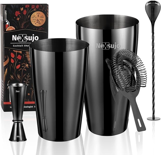 Professional Cocktail Shaker Set, 4-Piece Bar Set, Ideal Bartender Kit with Stainless Steel Boston Shaker, Jigger, Bar Spoon & Hawthorne Strainer, Dishwasher-Safe Bar Tools Set, Black