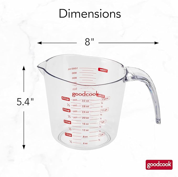 GoodCook Everyday 4-Cup Liquid Measuring Cup, Clear Plastic with Easy-to-Read Markings, Tapered Pour Spout, Comfortable Handle, Measures in Cups, Ounces, Pints, and Milliliters
