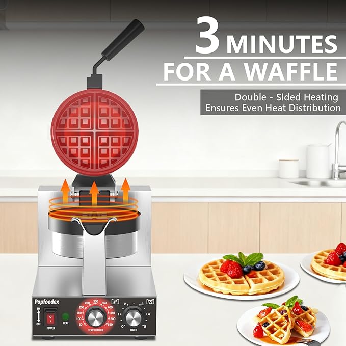 Belgian Waffle Maker, 110V Industrial Waffle Maker w/Non-Stick Coating and Adjustable Temperature (122-572°F), 1200W Rotary Commercial Waffle Machine w/Timer, Restaurants and Food Trucks
