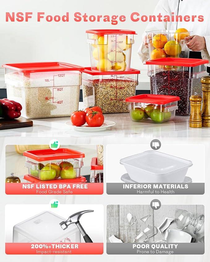2QT NSF Food Storage Containers: 6 PCS [Food Grade][Hot&Cold Resistant] Commercial Clear Square Food Storage Containers with Scales Handles for Home Restaurant Kitchen Proof Dough(BPA FREE N1)