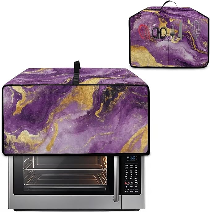 Marble Print Toaster Oven Cover, Dust-proof Heavy Duty Toaster Oven Cover for kitchen, Air Fryer with Accessory Pockets, Gold Violet, (Medium-16.1*19.71*10 inches)