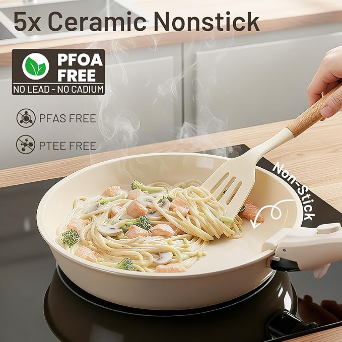 KIKCOIN Nonstick Pots and Pans Set - Ceramic Cookware Set with Detachable Handle - 25 Pack Healthy Pans Set for Cooking - Stackable for RV Kitchen, Induction Ready - Dishwasher and Oven Safe