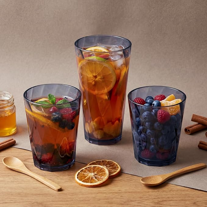 LemonRoad 24 Pack Reusable Plastic Drinking Glasses Set - 20oz & 13.5oz Stackable Tumbler, Shatter-resistant Highball Cups for Water, Cocktail, Iced Coffee, Indoor Outdoor Use, BBQ, Patio, Pool (Grey)