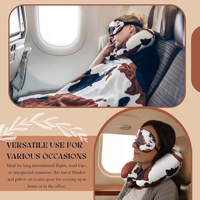 HunnmingRe 5 Pcs Travel Pillow and Blanket Set, 5 in 1 Travel Airplane Compact Includes 40 x 60 Inch Throw Blanket Eye Mask Neck Pillow Earplug and Bag Gifts for Travelers Women(Cow Print,Brown)