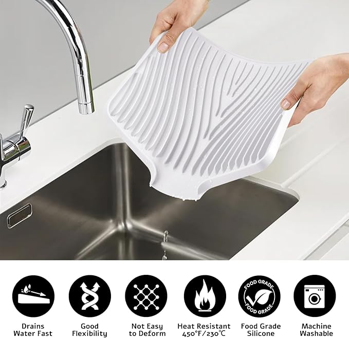 TIKNIK Silicone Dish Drying Mat, Stone Drying Mat for Kitchen Counter with Built-In Drain, Non-Slip Drain Pad with Built-in Drain, Heat Resistant Stone Drying Mat, Hangable, White-2pcs, 16" x 12"