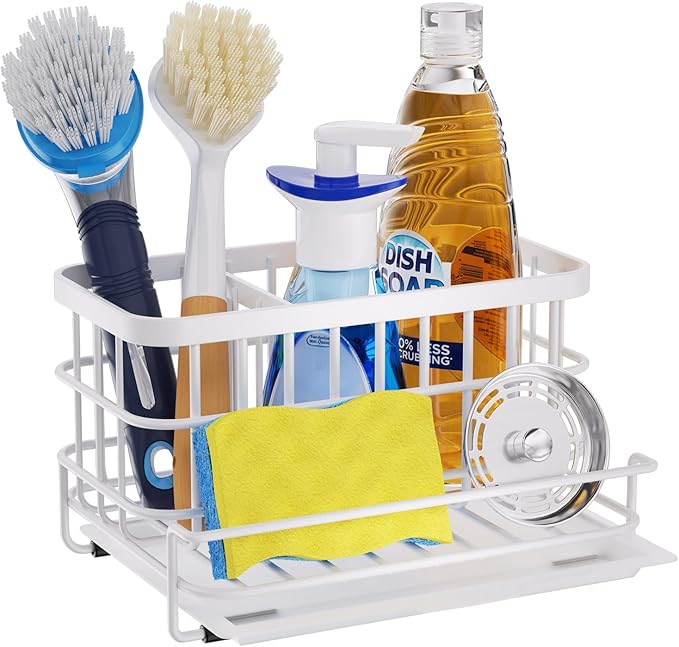 HapiRm Sink Caddy Sponge Holder - Kitchen Sink Organizer with Drain Tray, SUS304 Stainless Steel Rustproof Sponge Caddy Storage for Kitchen Countertop- White