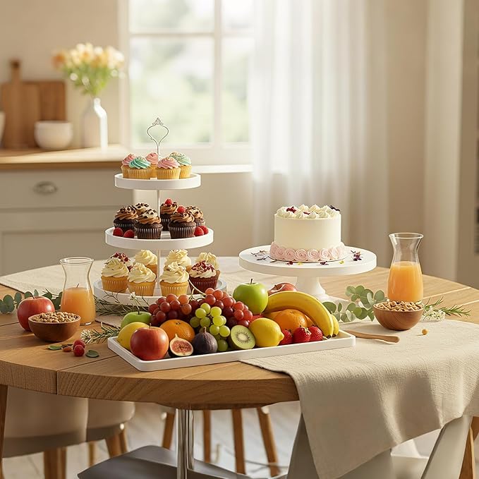 7 Pcs Wood Dessert Table Display Set Wooden 3 Tie Cupcake Stands Rustic Round Cake Stand Wood Dessert Serving Trays for Party Baby Shower Wedding Birthday (White)