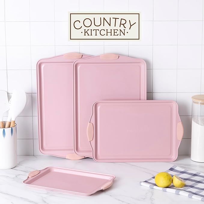 Country Kitchen Nonstick Stackable Bakeware Set - Heavy Duty, Durable, Easy Release Baking Set, Pink, 4 Pcs
