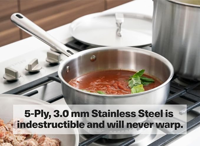 Misen 5-Ply Stainless Steel Saucier with Lid– Induction-Compatible Pan with Curved Sides for Smooth Stirring - Oven Safe to 800F – Even Heat Distribution & Ergonomic Handle - 2 QT