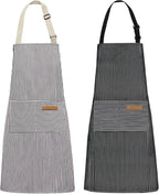 NLUS 2 Pack Kitchen Cooking Aprons, Adjustable Bib Soft Chef Apron with 2 Pockets for Men Women (Brown/Dark Black Strips)
