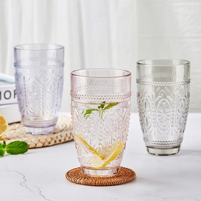 CREATIVELAND Colored Vintage Drinking Glasses Set of 4, 15.5 oz Romantic Embossed Water Glasses, Colored Tumblers Tempered Glass for Juice, Beverages, Beer, Cocktail (Gray)