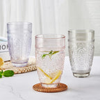 CREATIVELAND Colored Vintage Drinking Glasses Set of 4, 15.5 oz Romantic Embossed Water Glasses, Colored Tumblers Tempered Glass for Juice, Beverages, Beer, Cocktail (Gray)