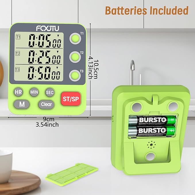 FCXJTU Digital Dual Triple Kitchen Timer, 3-Channel Magnetic Countdown Timer for Cooking, Large Display Stopwatch Multi Food Classroom Timer Loud Alarm for Seniors Teachers Battery Included (Green)