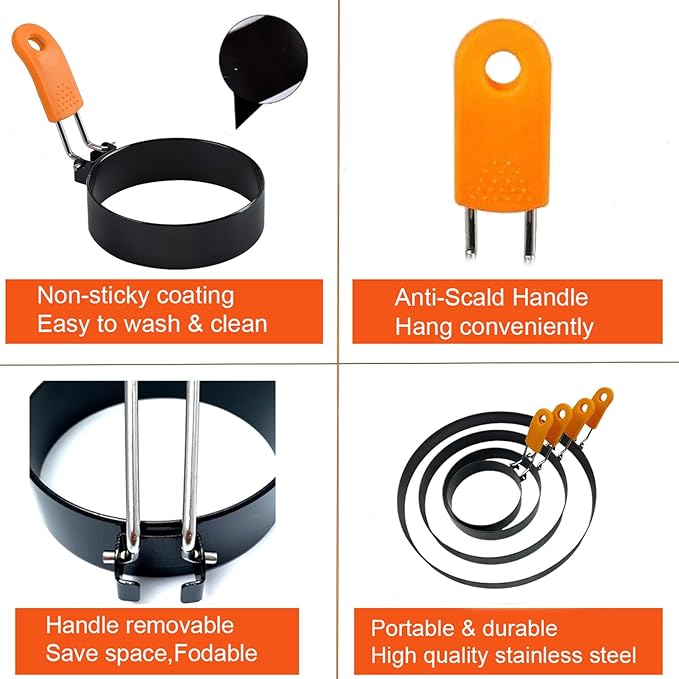 Pancake Ring for Griddle,2 Packs 6 Inch Omelette Ring for Griddle,6" Non-stick Stainless Steel Pancake Egg Ring Omelet Mold Pancake Maker Cake Creps with Silicone Handle