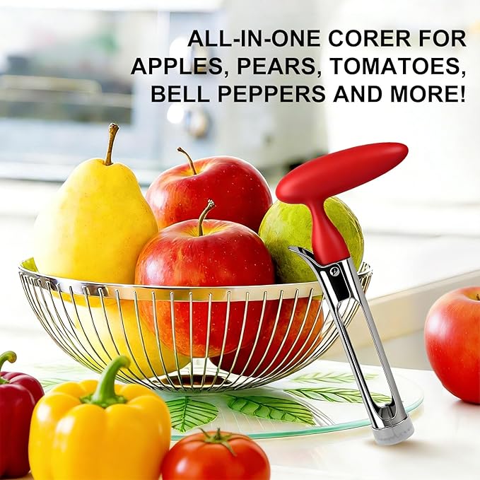 Premium Apple Corer Tool - Ergonomic Non-Slip Handle and Sharp Serrated Blades, Food-Grade Stainless Steel Fruit Core Remover, Kitchen tools for Apples, Pears, Bell Peppers and More, Red