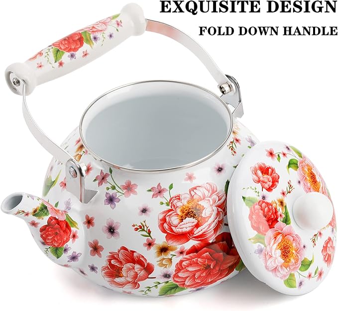 DEAYOU 2.6 Quart Enamel Tea Kettle Stovetop, Large Porcelain Enameled Teakettle, 2.5L Vintage Tea Pot with Ceramic Cool Handle, Colorful Floral Steel Teapot for Hot Water, Retro Decor, No Whistling