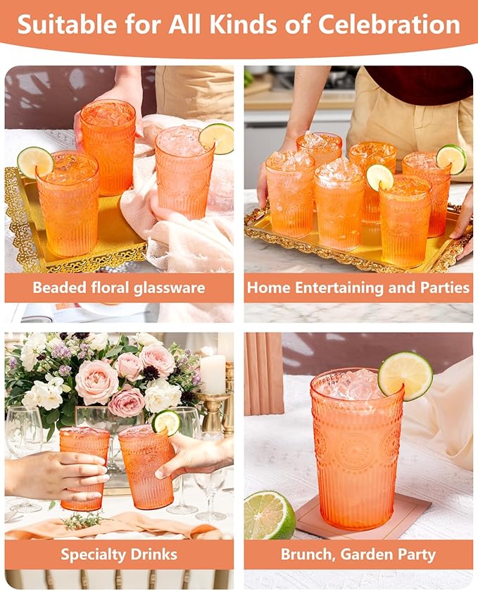 Ciaell 12 Pack Romantic Plastic Water Glasses - 14 Oz Amber Vintage Drinking Glasses, Embossed Ribbed Plastic Cups, Textured Striped Set for Juice, Beverages, Beer, Cocktai