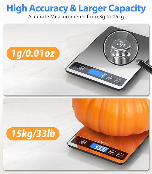 Food Scale - 15kg/33lb Rechargeable Digital Kitchen Scale with Full-View LCD Display, Grams and Ounces, Type-C or Batteries, Easy Clean Stainless Steel, for Baking, Cooking & Meal Prep, Black