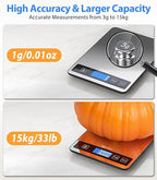 Food Scale - 15kg/33lb Rechargeable Digital Kitchen Scale with Full-View LCD Display, Grams and Ounces, Type-C or Batteries, Easy Clean Stainless Steel, for Baking, Cooking & Meal Prep, Black