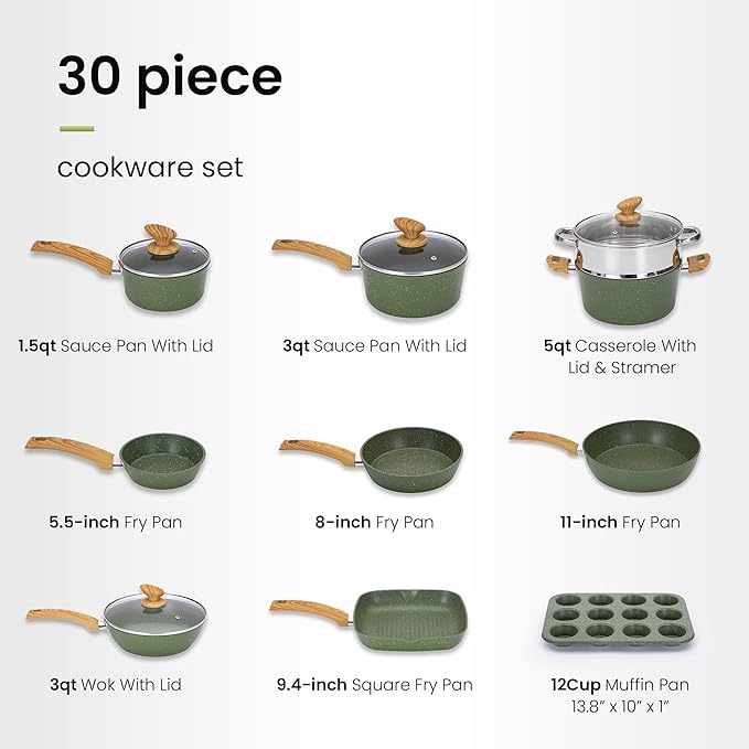 30 Piece Pots and Pans Set Non Stick, Granite Induction Cookware Sets, Nonstick Kitchen Cookware Sets, Non Toxic Cookware Set with Frying Pans and Saucepan, Kitchen Pots and Pans Set, Green