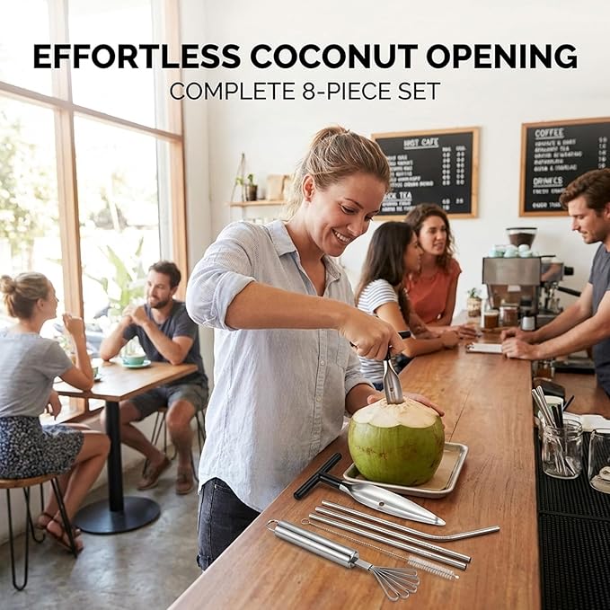 Coconut Opener Tool, 8-Piece Coconut Cutter Set with Stainless Steel Openers and Grater for Easy Coconut Preparation, Includes 4 Straws and Cleaning Brush for Complete Coconut Experience