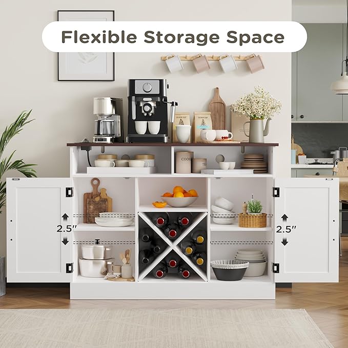 MHOM Farmhouse Coffee Bar Cabinet with Prower Outlets, Rustic Liquor Cabinet with Wine Rack, Wooden Wine Cabinet for Dining Room & Living Room, White