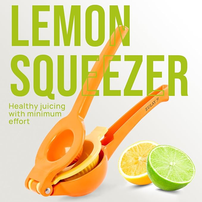 Zulay Kitchen Metal 2-in-1 Lemon Squeezer - Sturdy Max Extraction Hand Juicer Lemon Squeezer Gets Every Last Drop - Easy to Clean Manual Citrus Juicer - Easy-Use Lemon Juicer Squeezer - Orange/Yellow