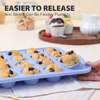 Mini Silicone Muffin Pan with Metal Frame, Non Stick Silicone Cupcake Pan with Handles 24 Cup, BPA Free Silicon Muffin Tin Tray Small for baking, egg bites, Cupcake Mold Blue