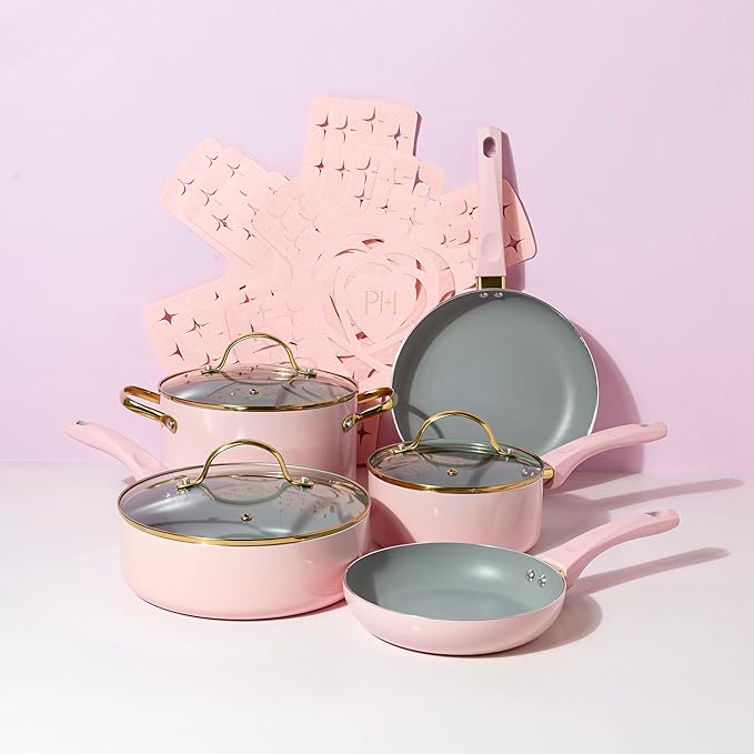 Paris Hilton Epic Nonstick Pots and Pans Set, Multi-layer Nonstick Coating, Tempered Glass Lids, Soft Touch, Stay Cool Handles, Made without PFOA, Dishwasher Safe Cookware Set, 12-Piece, Pink