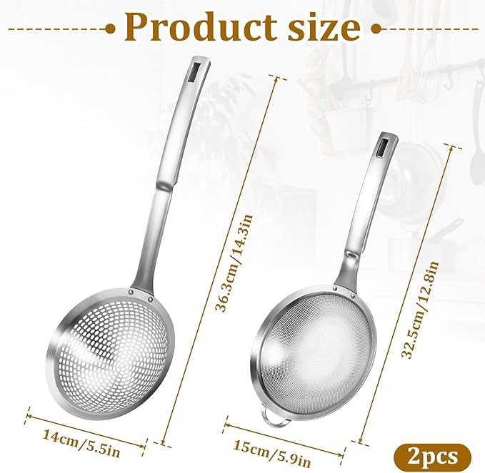 2 Pcs Large Holes Slotted Colander Frying Spoon Set With Handle, Fine Mesh Stainless Steel Sieve Food Strainer, Spider Strainer Skimmer, Handheld For Kitchen Cooking Tool