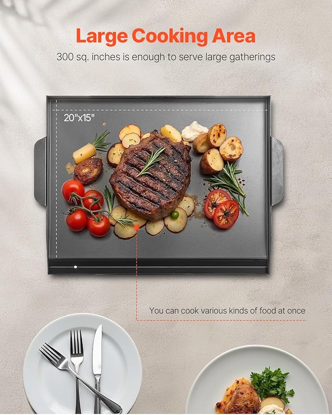 VEVOR Carbon Steel Griddle, 20x16 inch Universal Flat Top Rectangular Plate, Gas Grill Griddle for BBQ Grill, Teppanyaki, Portable Family Cookware, for Camping Tailgating Party