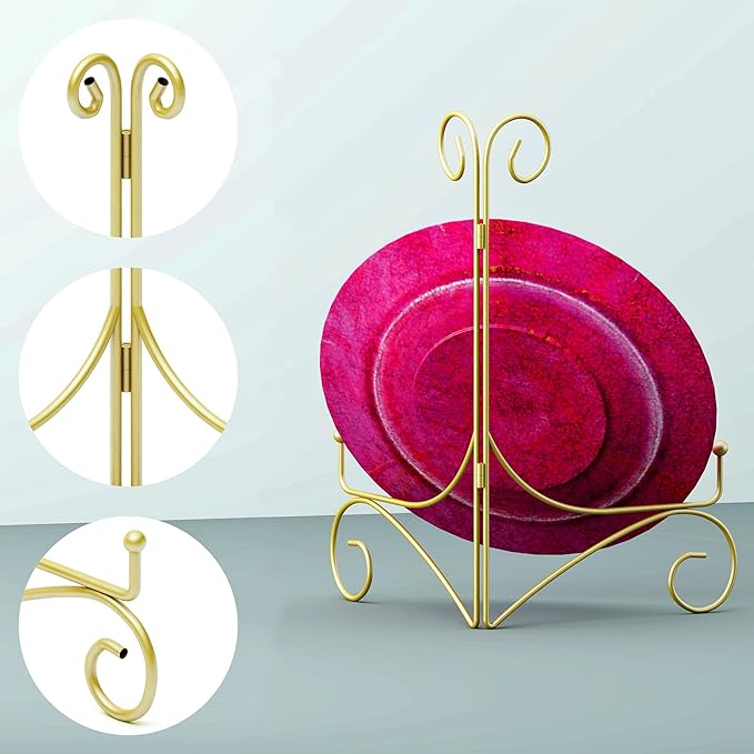 Iron Plate Stand for Display with Folding Design, Picture Stands for Tables, 12 Inch Large Easels for Displaying for Book, Art Piece, Photo and Platter, 12’’ Gold, 2-Pack