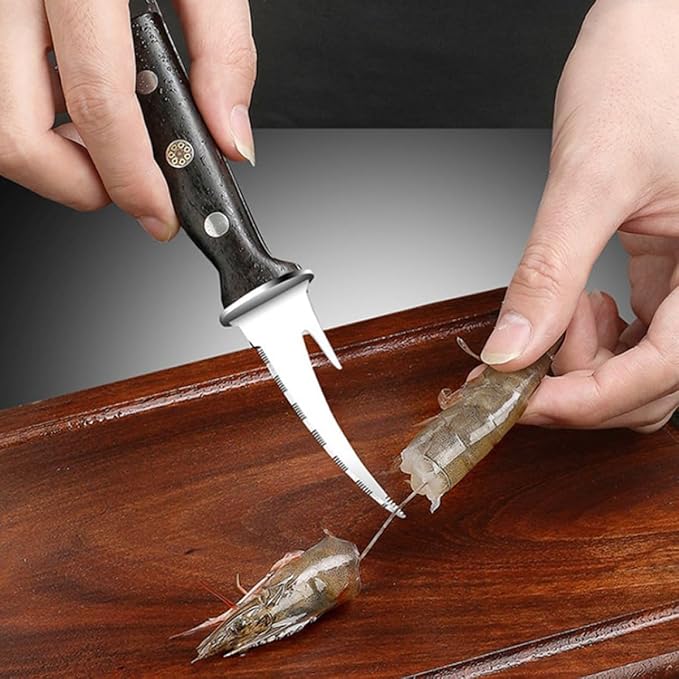 Shrimp Line Cutter and Peeling Knife with Wood Handle, Seafood Cleaning Tool for Shrimp Deveining and Fish Fillet Preparation, Kitchen Specialty Gadget for Home Cooking