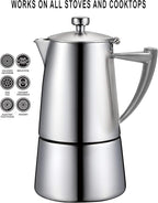 CUISINOX Roma Satin Stainless Steel Moka Pot Stovetop Espresso Maker, 10-Cup