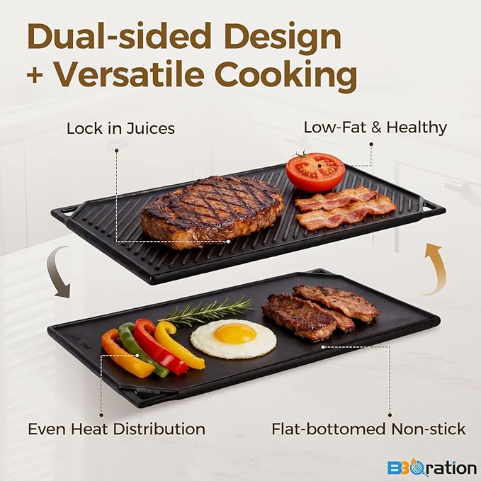 Reversible Cast Iron Griddle, 16.75" x 9.5" Stove Top Griddle Reversible Griddle Plate, Rectangular Flat and Ribbed Stovetop Griddle, Double Burner Flat Top Griddle Pan for Gas Grill