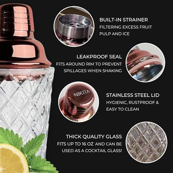 Nikita Cocktail Shaker, 5-Piece Martini Shaker & Bartender Kit with Bar Accessories Strainer, Jigger, Spoon & Muddler, Rose Gold 16oz Drink Mixer with Bartender Accessories